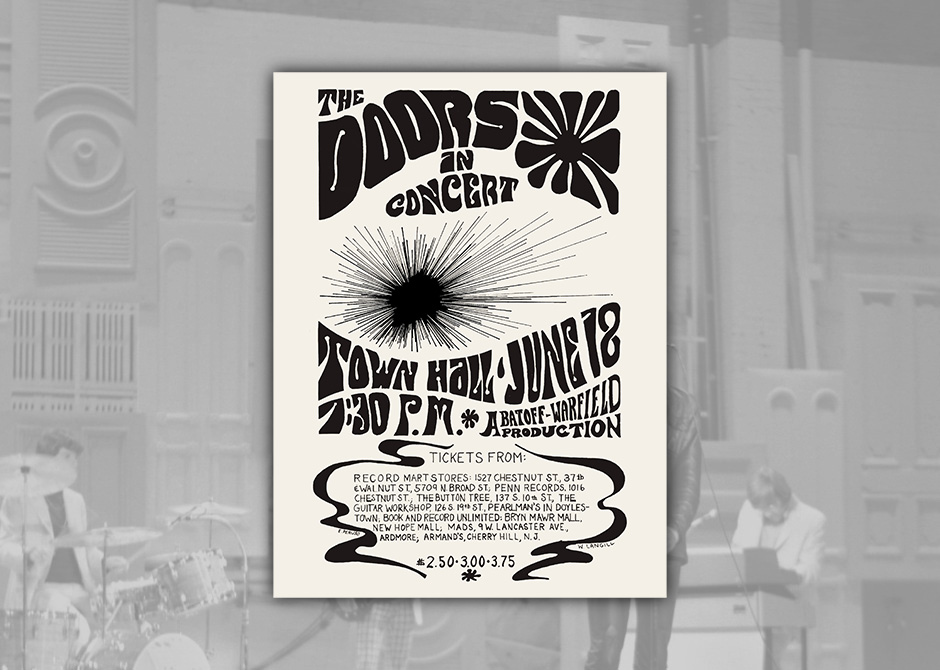 THE DOORS - 28 The Doors 1967 Town Hall, Philadelphia B&W Concert Handbill. CAPA SITE
